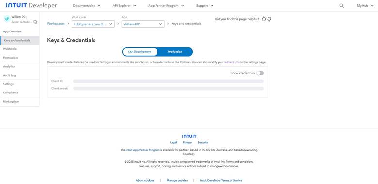 Keys and credentials tab